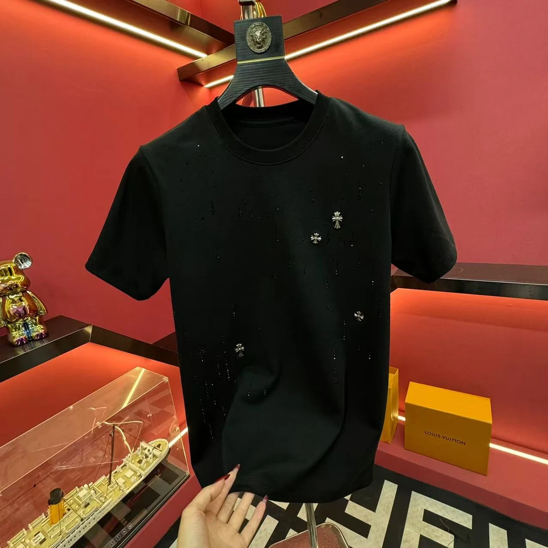 8868#秋冬新版烫钻男士半袖修身男款T恤