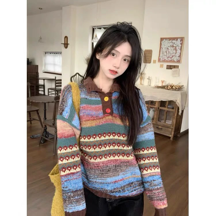 清仓 小个子彩色纽扣薄款复古提花高领套头毛衣风宽松软糯
