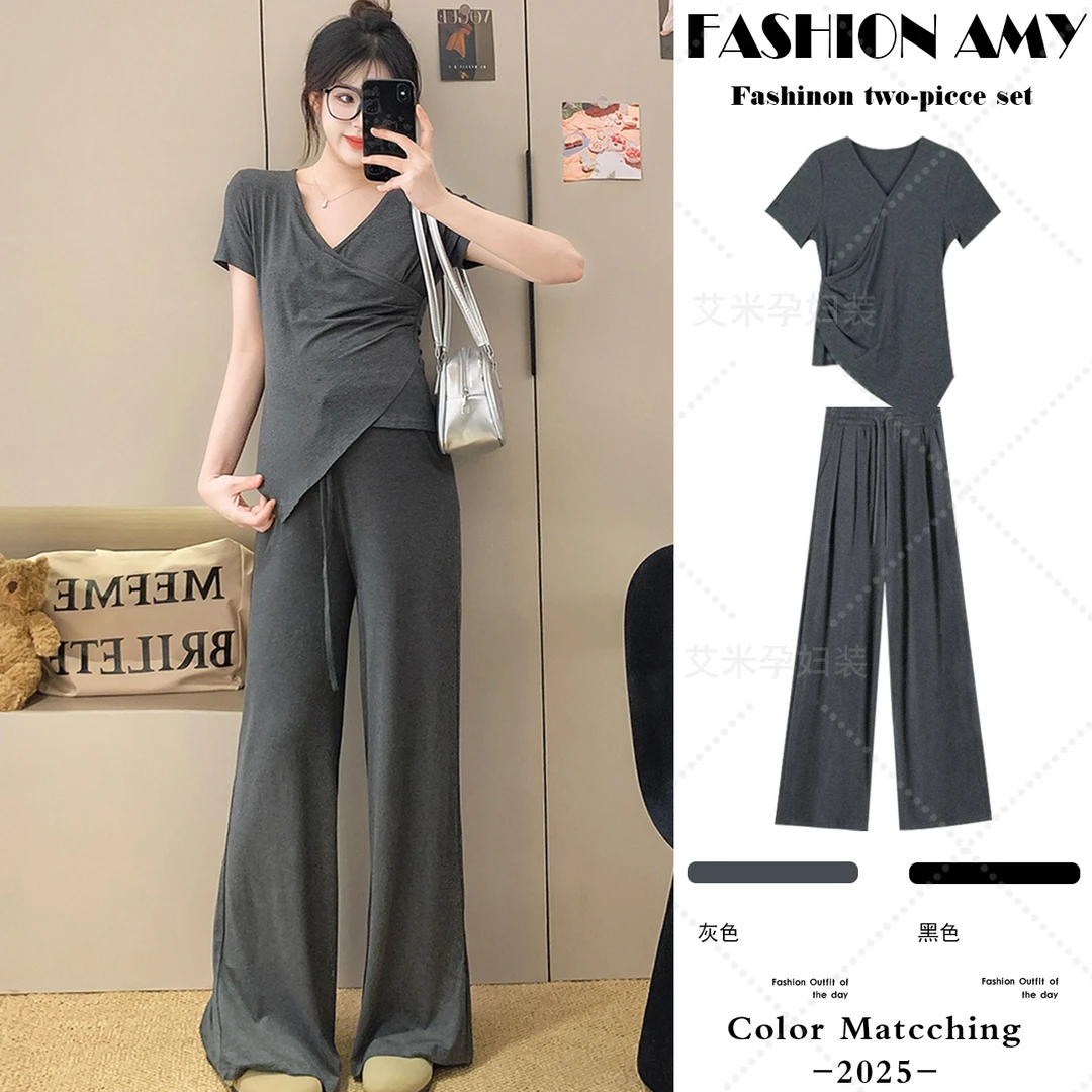 孕妇套装夏装新款时尚韩版薄款莫代尔不规则v领短袖T恤休闲阔腿裤