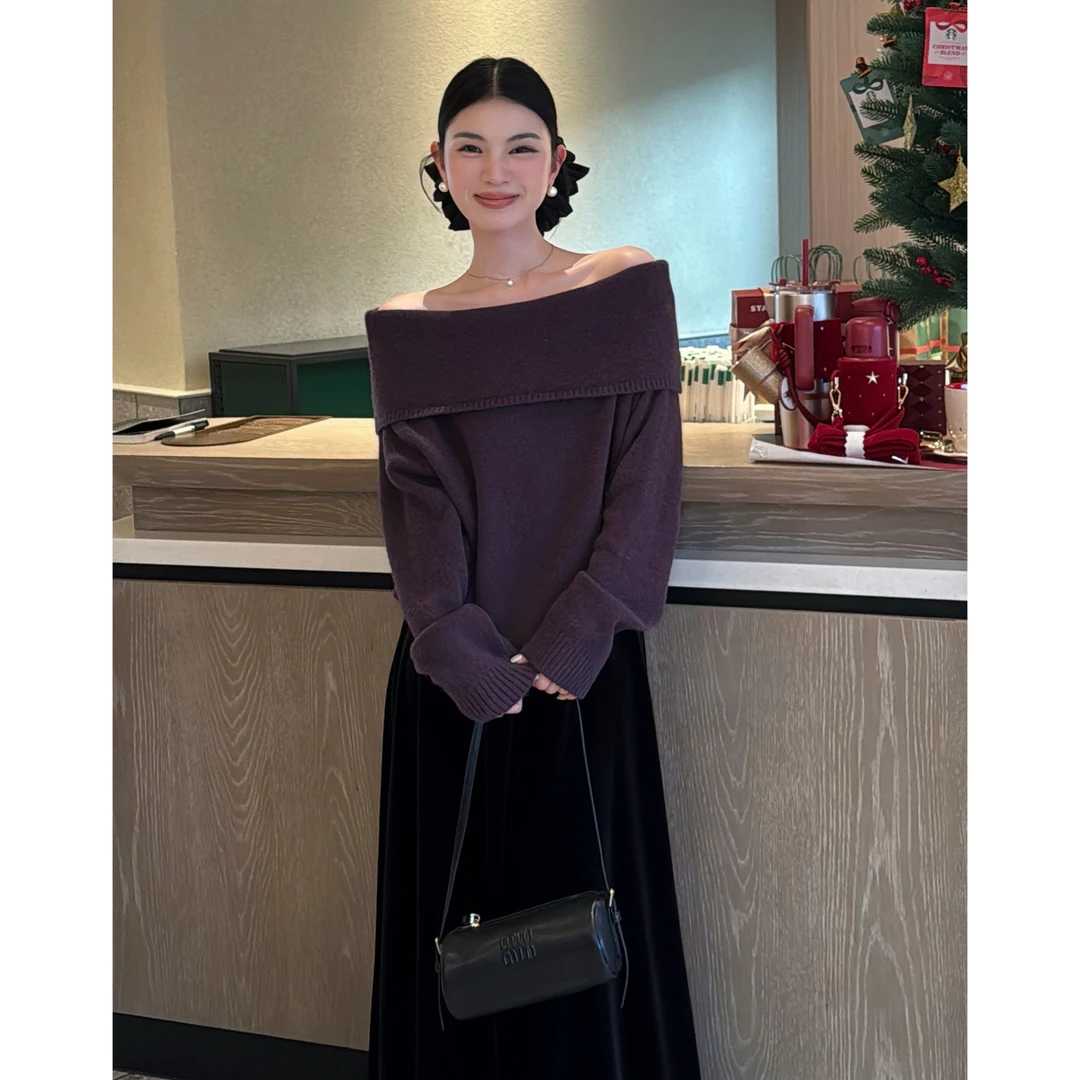 李慧一【柏林冬季】法式温柔优雅感又纯欲一字肩宽松感高定厚款毛衣