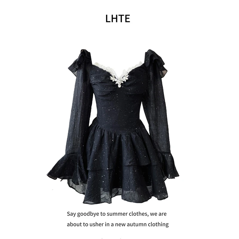 青青大码女装 法式洛丽塔细闪小黑裙公主风穿搭初春款D2777