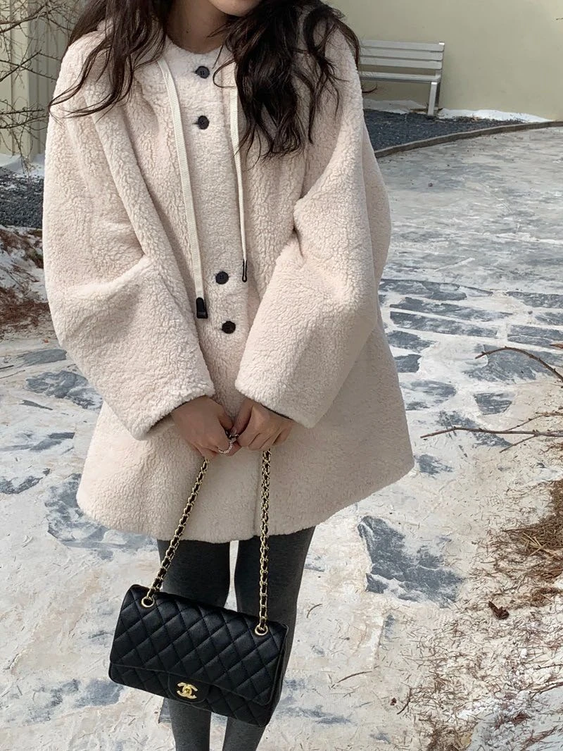 小雅姐姐  连帽抽绳韩版宽松保暖毛毛外套IH78