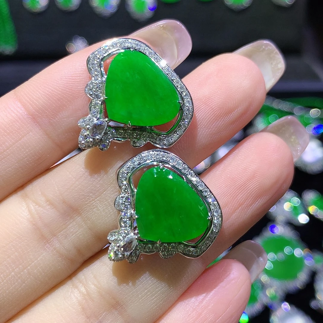 翡翠18K金镶嵌耳饰高冰满绿