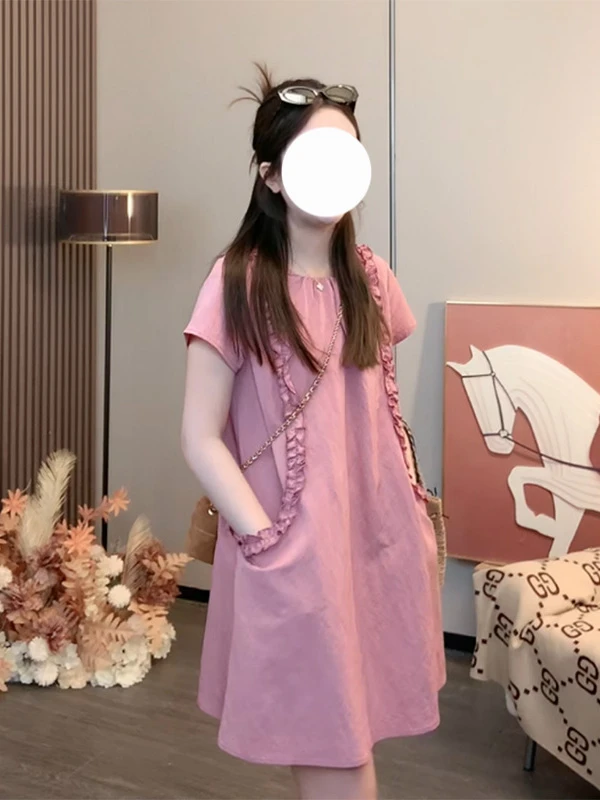 温柔甜美慵懒风短袖连衣裙女2025夏季新款宽松显瘦短裙设计感女装