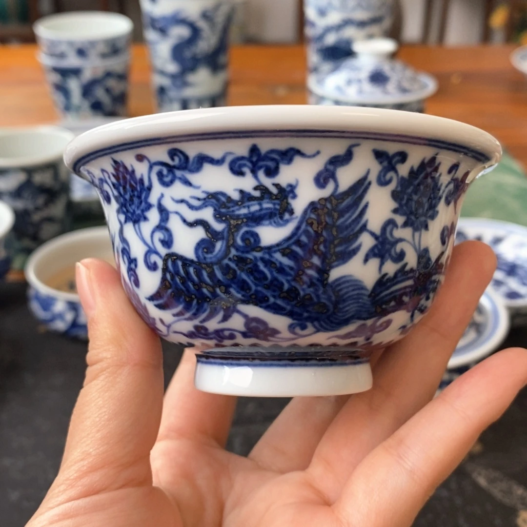 瓷片景德镇手绘陶瓷青花压手杯双凤缠枝莲