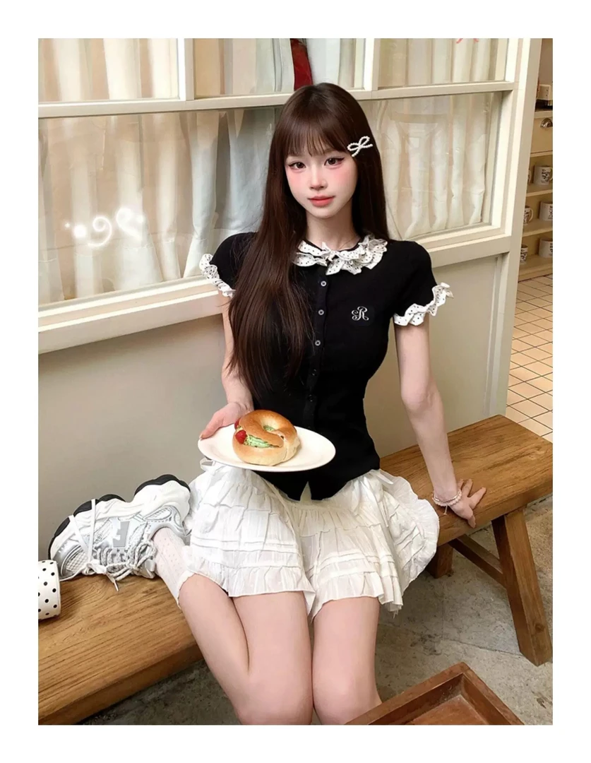 【miu系穿搭 退运全补】女学院风波点拼接正肩t恤修身显瘦上衣