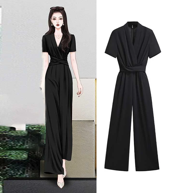 高端设计感黑色女夏季2025新款气质高腰名媛连衣裤阔腿套装D0866