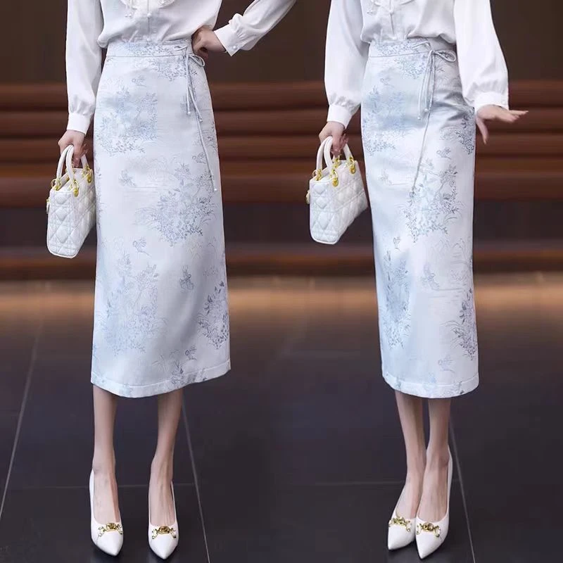 88061【裙长77】新款2025新中式半身裙女中长款印花a字包臀裙子