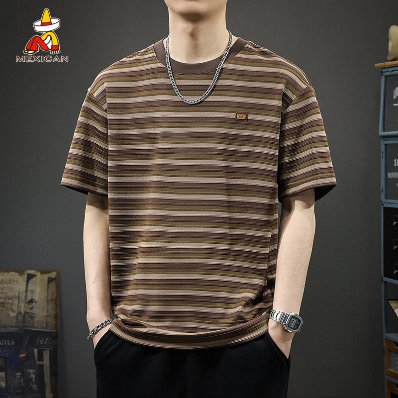 Mexican/稻草人夏季新款条纹男士t恤短袖休闲百搭宽松半袖海魂衫