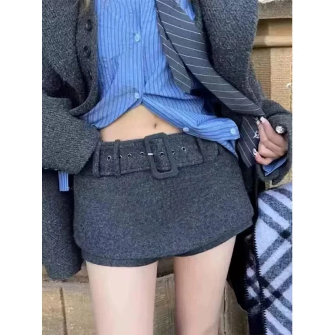 大码胖MM灰色高腰毛呢半身裙女秋冬季新款修身显瘦设计感百搭裤裙