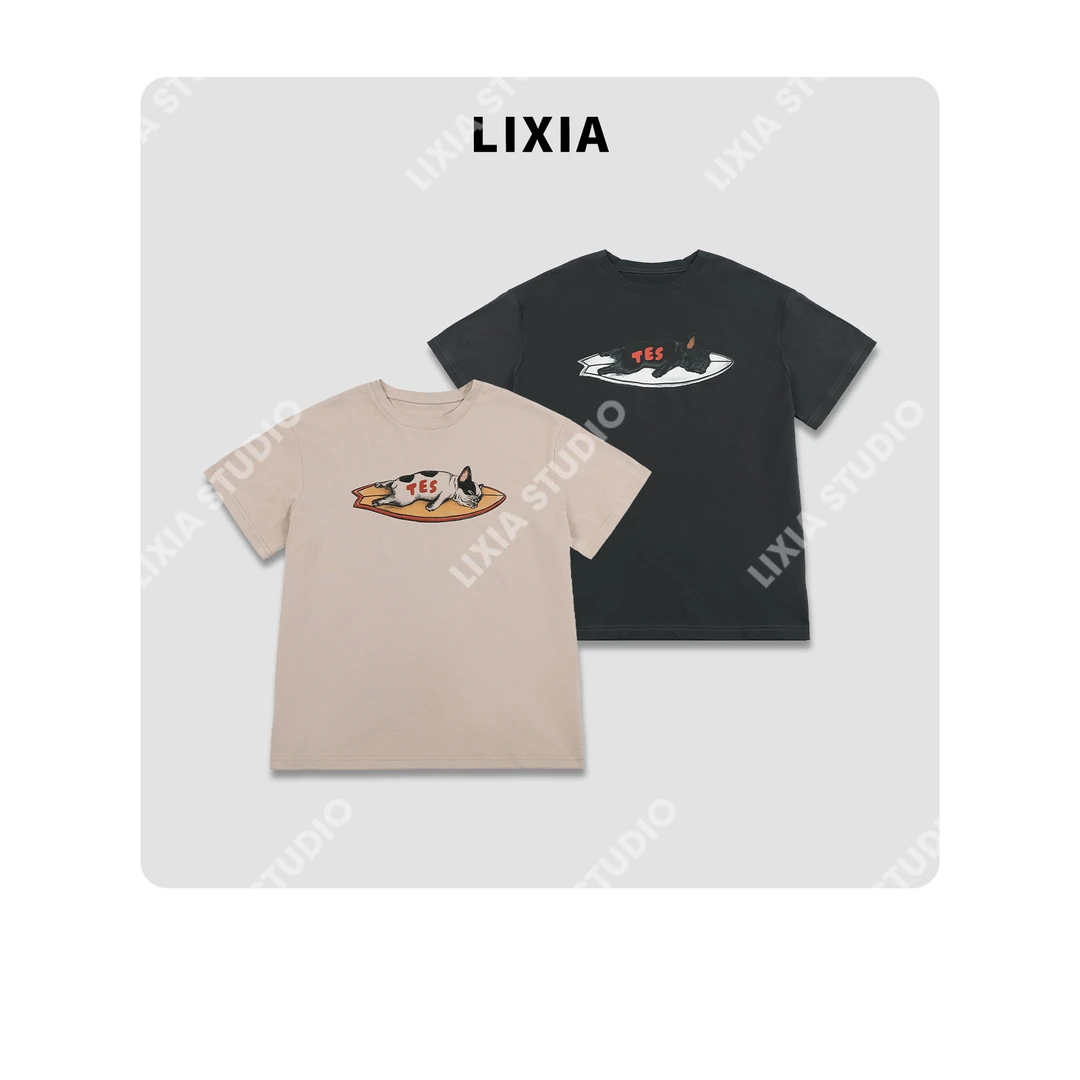LIXIA【慵懒巴豆】简约慵懒韩版卡通小狗宽松显瘦圆领T恤-D8995
