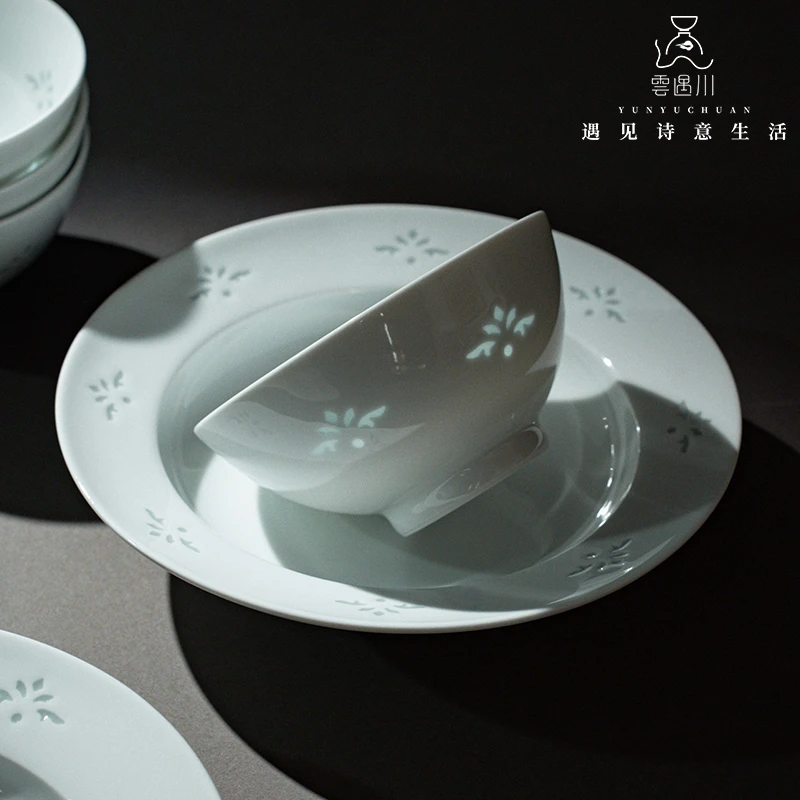 云遇川青白玲珑瓷饭碗高温釉下彩餐具玲珑瓷高档奢华中式饭碗