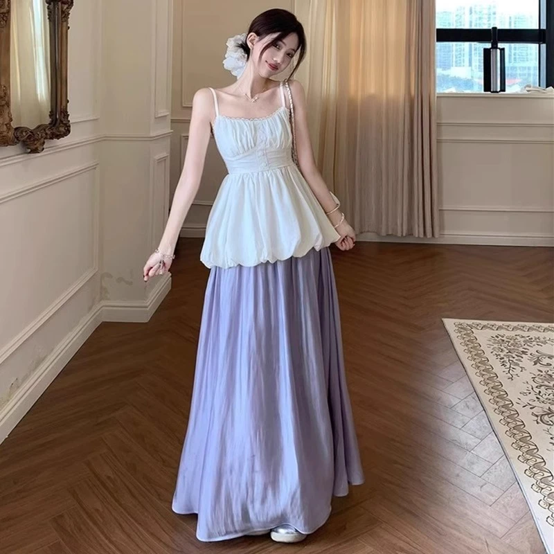 蕾丝边花苞纯欲美背吊带背心高腰显瘦半身裙女2025半身长裙