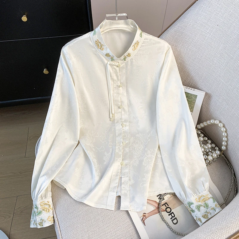 新款新中式提花立领重工刺绣国潮复古盘扣民族风改良长袖衬衫上衣