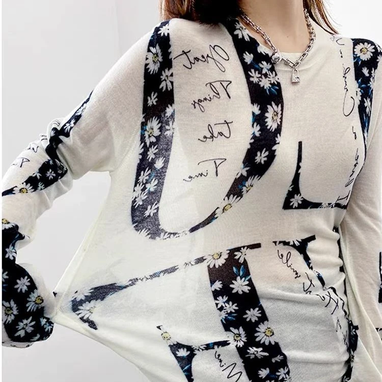 洋薄款微透印花圆领羊绒针织衫季款宽松百搭羊打底衫