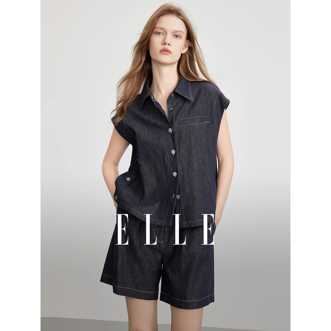 【粉丝专属】ELLE法式复古牛仔衬衫25夏新款设计感优雅时尚EC51811