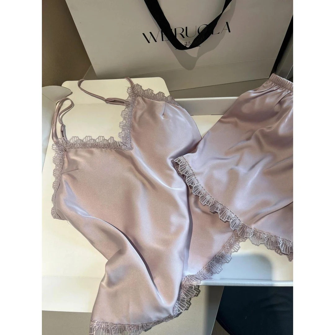 夏季新款吊带短裤两件套薄款冰丝睡衣女带胸垫纯欲风家居服可外穿