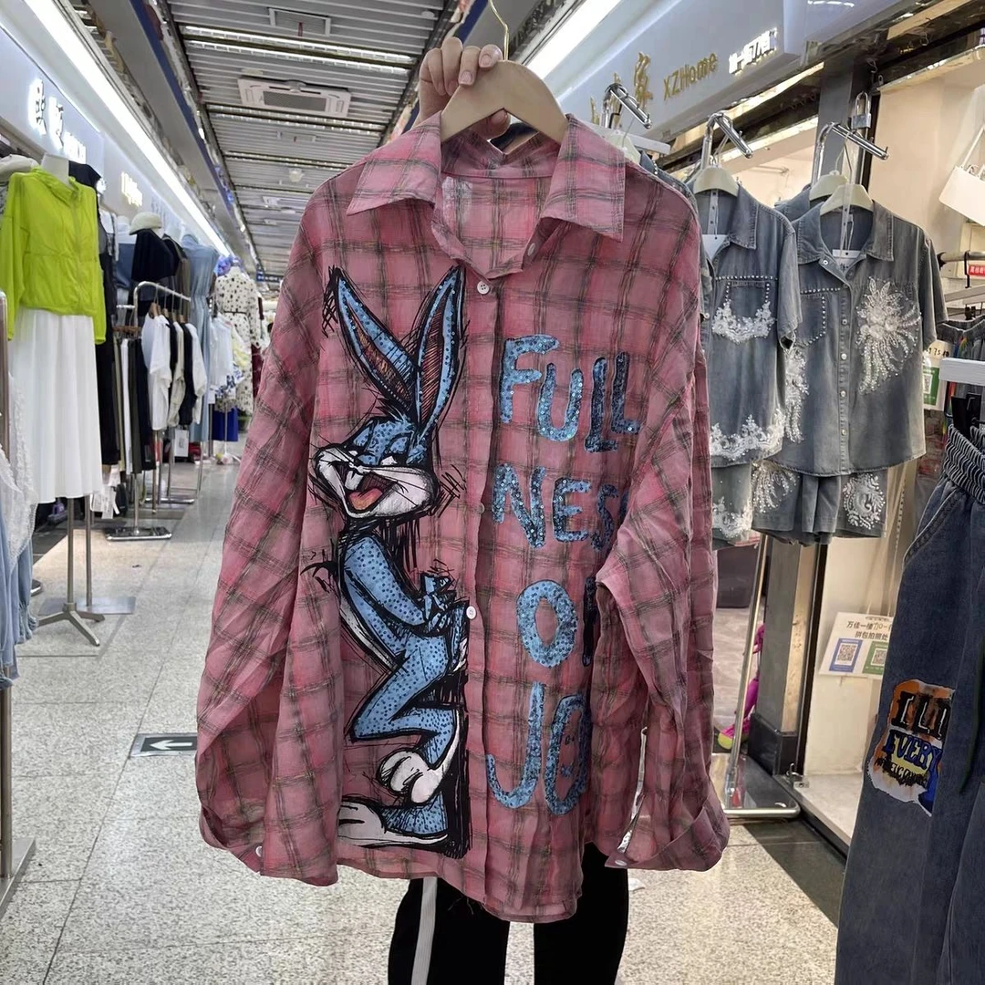 欧货潮牌重工卡通兔八哥长袖格子衬衫女宽松减龄休闲百搭开衫上衣