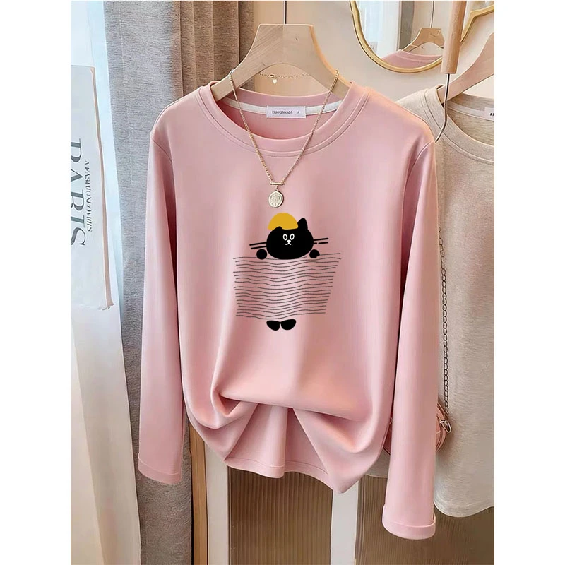 2025新款藕粉色正肩磨毛长袖t恤女爆款减龄上衣加厚打底衫冬季