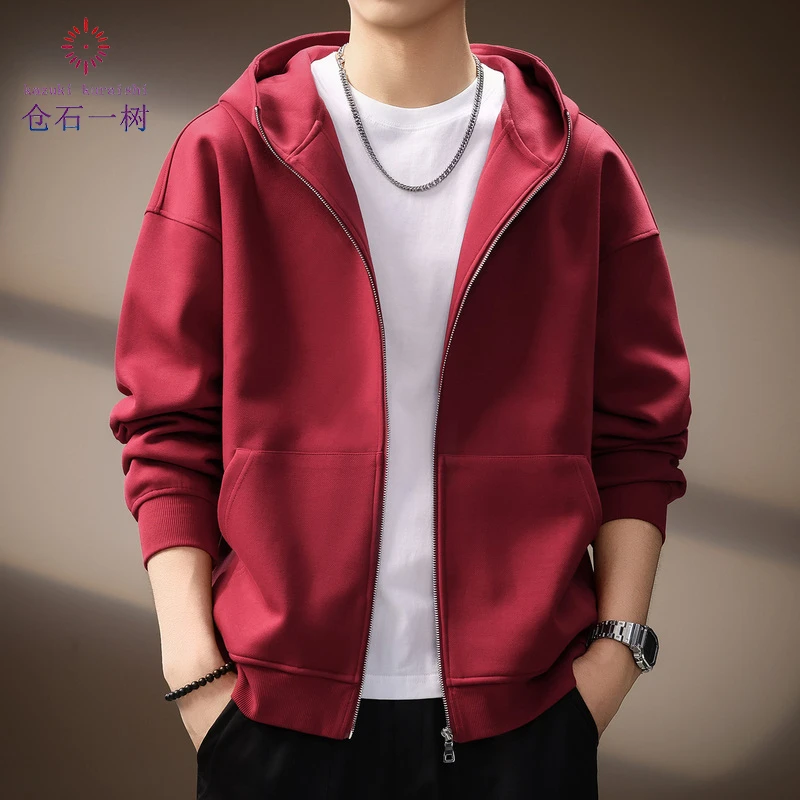 仓石一树复古重磅酒红色连帽卫衣男简约舒适宽松青年休闲运动上衣