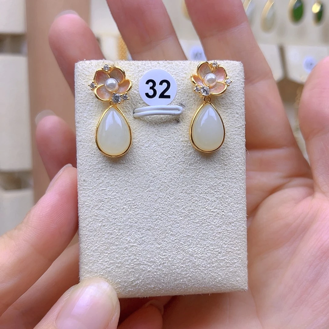 和田玉银S925镀金镶嵌耳饰