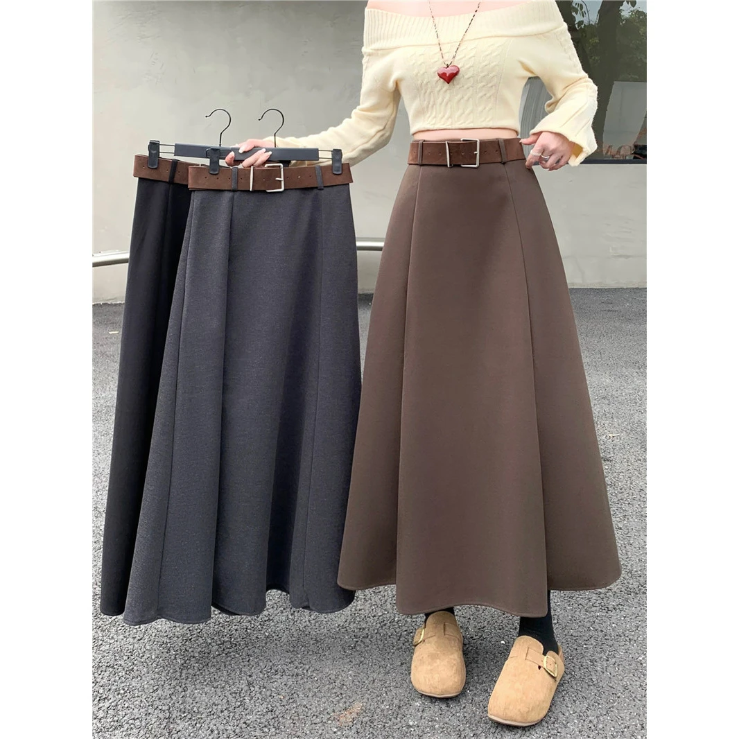 2025冬季新款大码加厚垂感显瘦纯色高腰A字中长通勤韩版毛呢半身