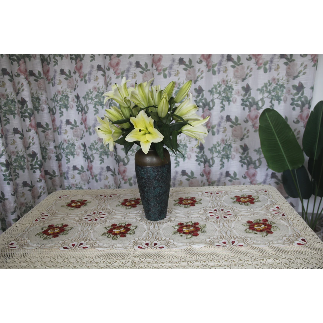 ZN007-48玻璃纱【60*115】 红牡丹锁链绣桌布茶几布多功能盖巾