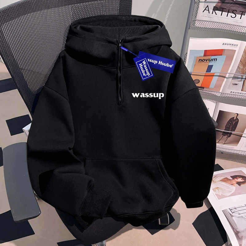 WASSUP HSUBE国潮牌重磅美式男士卫衣设计感半拉链套头连帽上衣潮