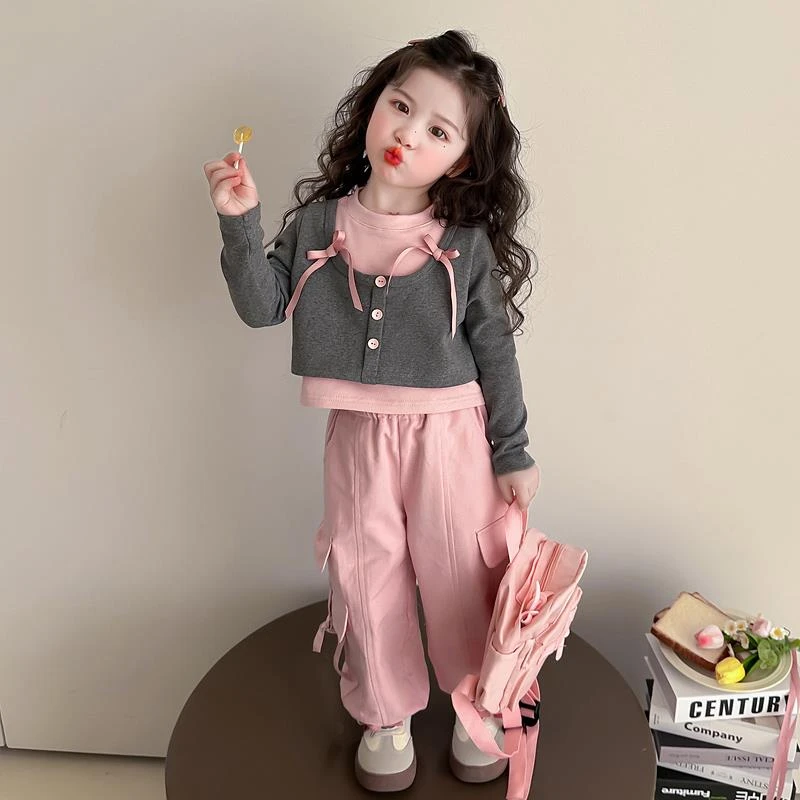 MK&UR.BV女小童春秋款长袖恤两件套时髦2025新款女宝宝工装裤套装