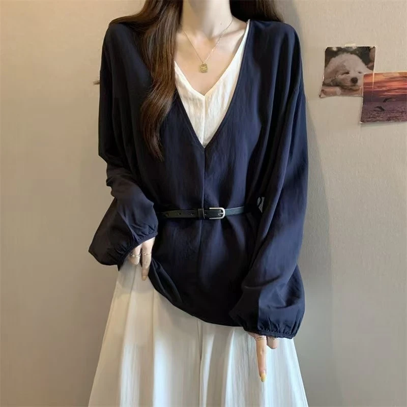 大码女装韩版遮肚子拼接正肩打底衫女春秋胖妹妹宽松显瘦长袖衬衫