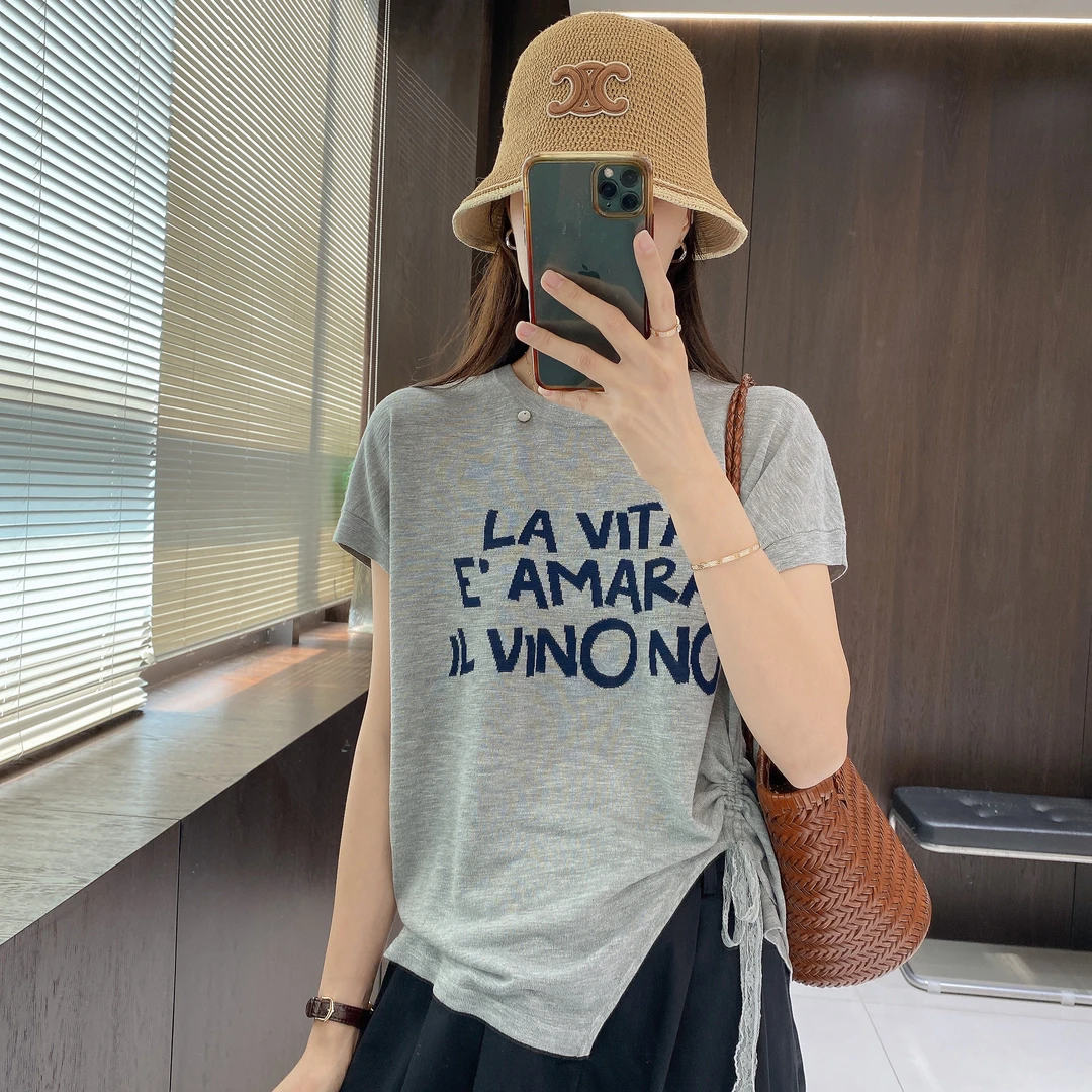 IMFLY金小金自制女装 针织衫DYW9353不规则侧开叉蕾丝抽绳上衣