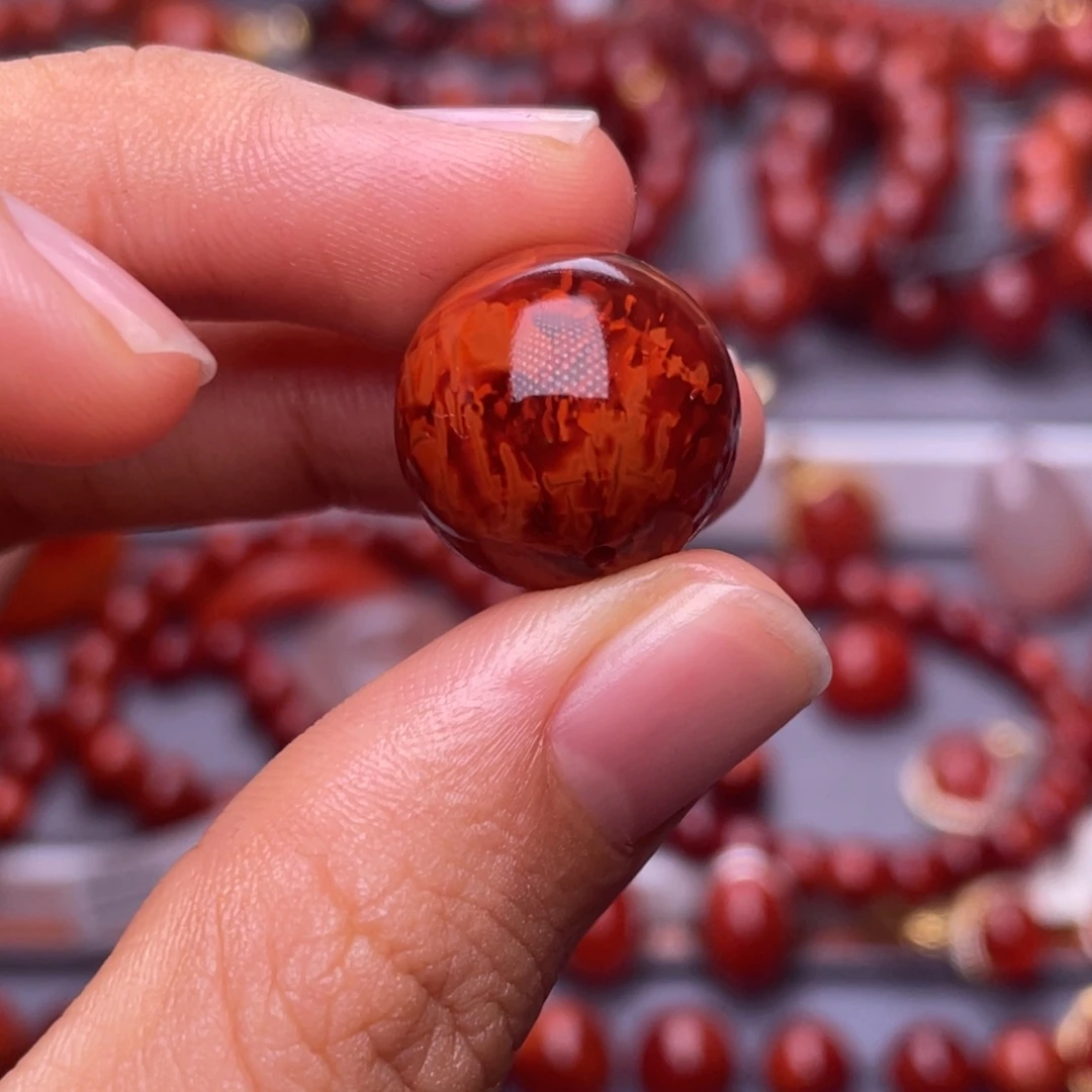 南红玛瑙未镶嵌其他天然原矿）收藏级16mm牛血火焰单珠