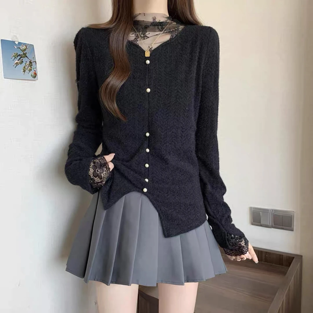 671网纱拼接蕾丝洋气打底衫女秋冬半高领加绒打底