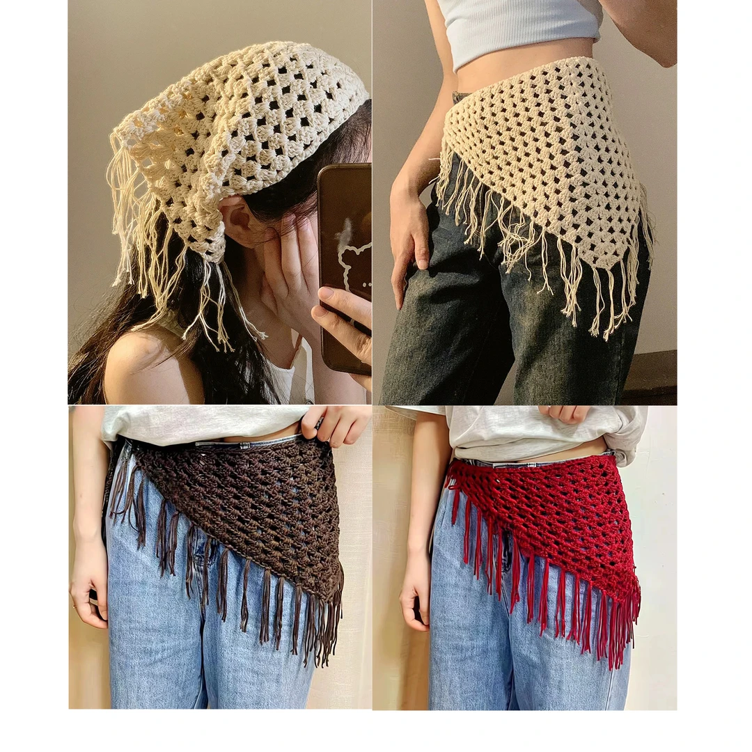 波西米亚民族风系带三角头巾绑带手工编织屁帘辣妹叠穿时尚配饰