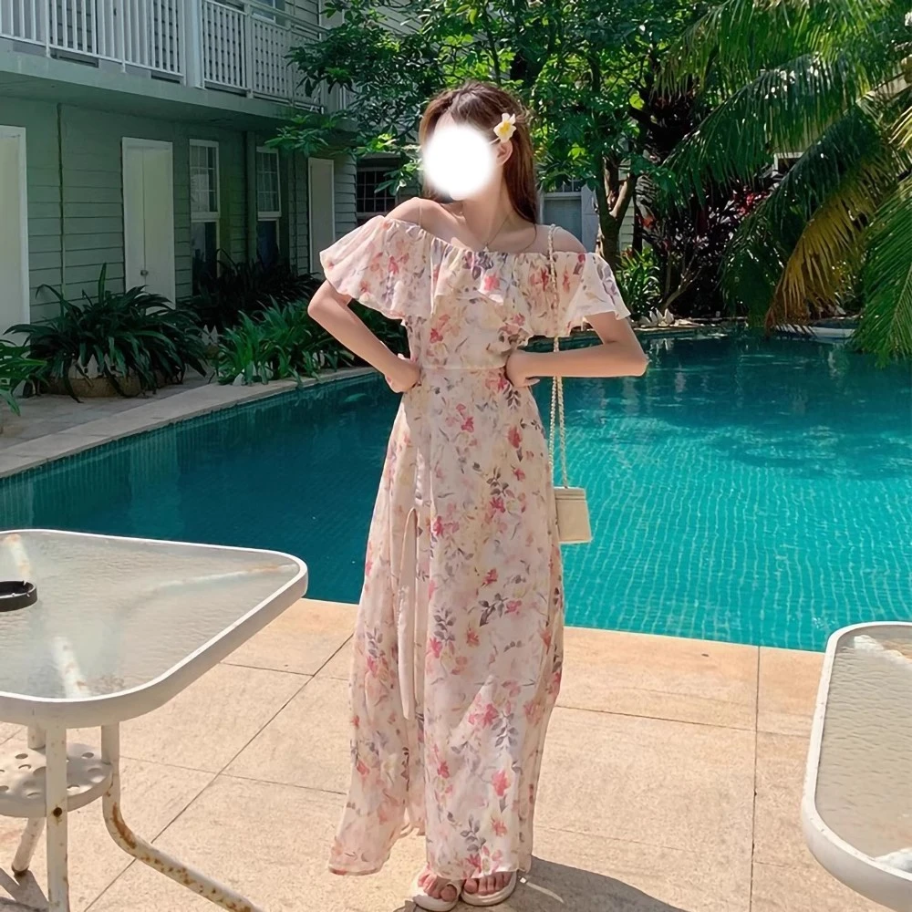 法式碎花连衣裙温柔荷叶边长裙收腰裙子印花长款甜美气质长裙