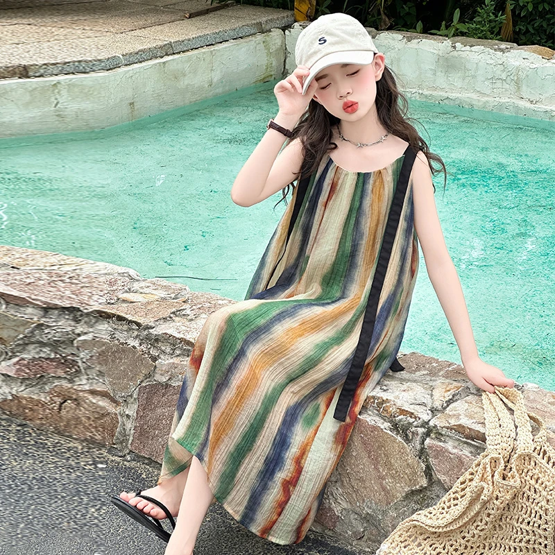 薄款连衣裙宽松睡裙吊带条纹夏装可调节夏季长裙碎花女童洋气