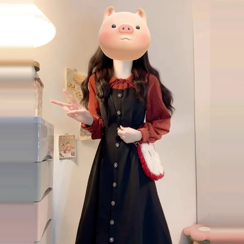 【筱安】显瘦长裙女2025春季新款复古娃娃领假两件连衣裙D0434