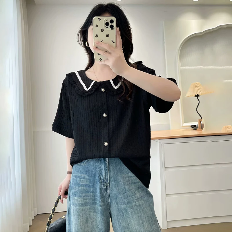大码女装夏季新款时尚短袖衬衫女宽松显瘦百搭胖mm洋气可外穿衬衣