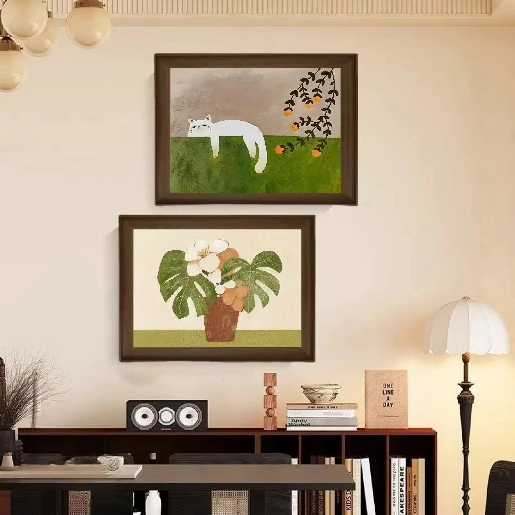法式风慵懒猫咪绿植装饰画适合客厅卧室餐厅玄关装饰3040