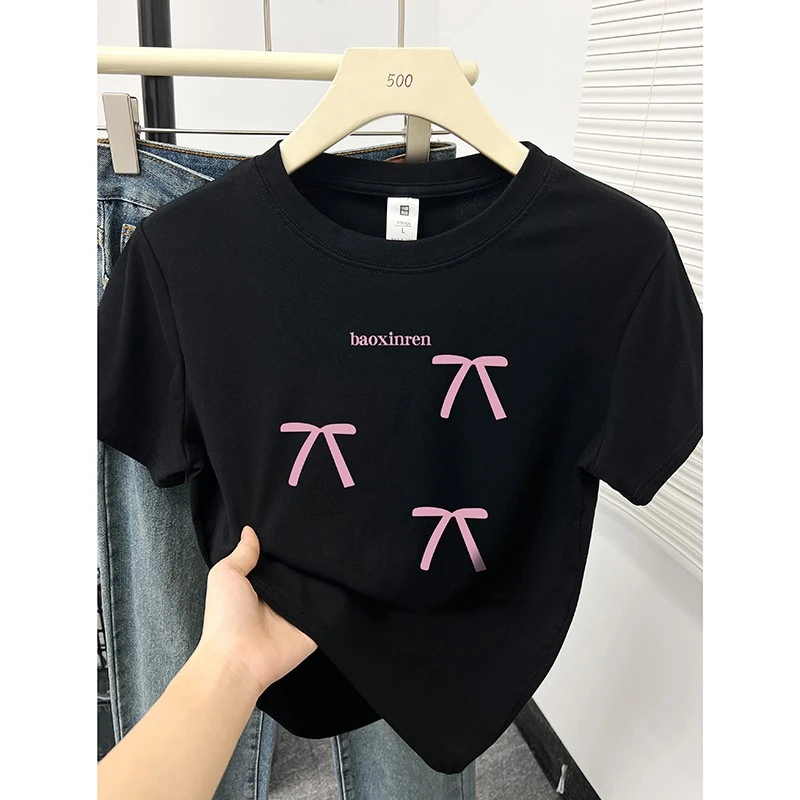 短袖T恤女夏季新款设计感韩系ins蝴蝶结印花正肩小众圆领显瘦上衣