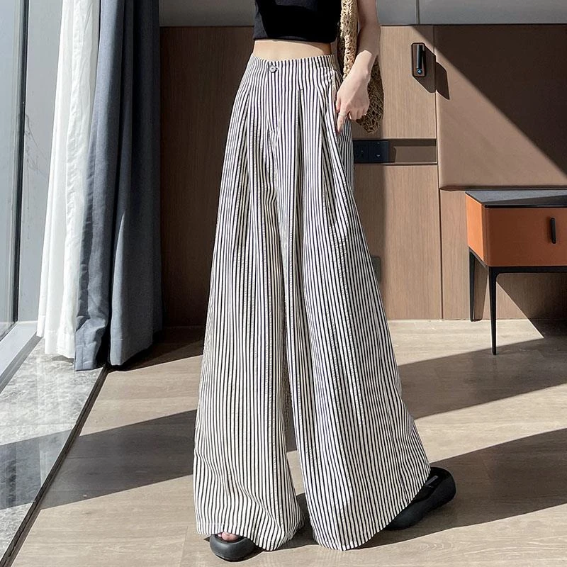 法芬图冰丝条纹阔腿裤子女士装夏季2025年春夏新款垂感拖地直筒休