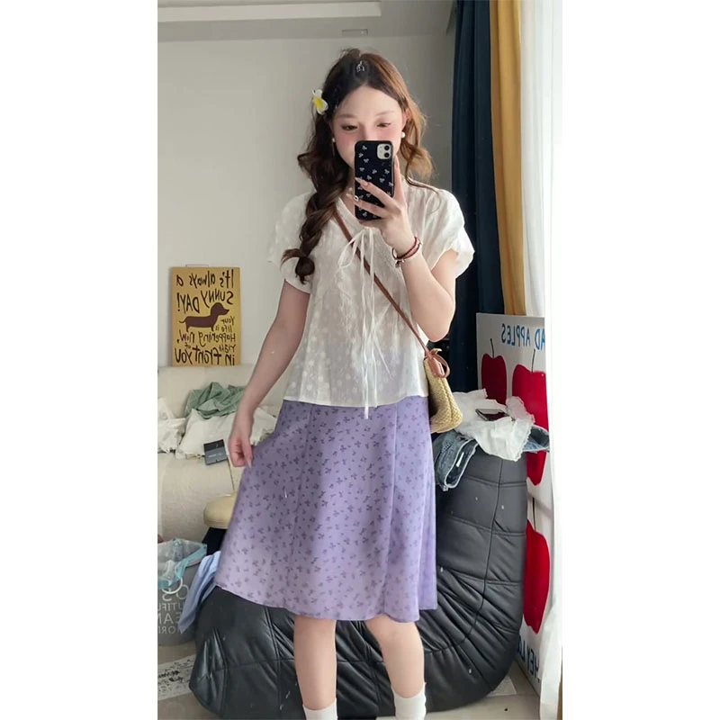 2025夏季新款女韩系穿搭波点系带圆领宽松上衣碎花高腰A字半身裙