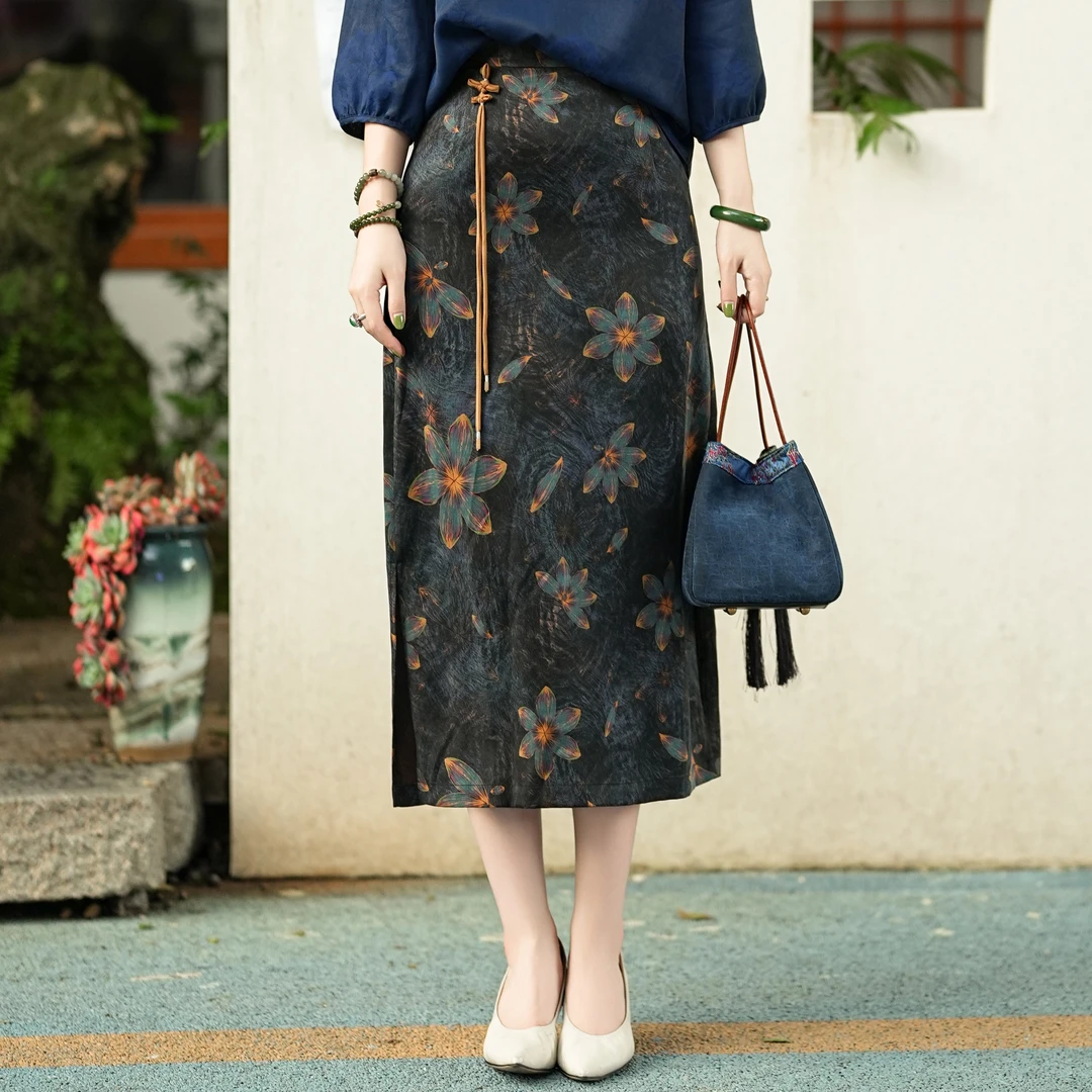 西子/【睡莲】非遗香云纱重磅25姆米桑蚕丝印花A字半裙/BQXS047