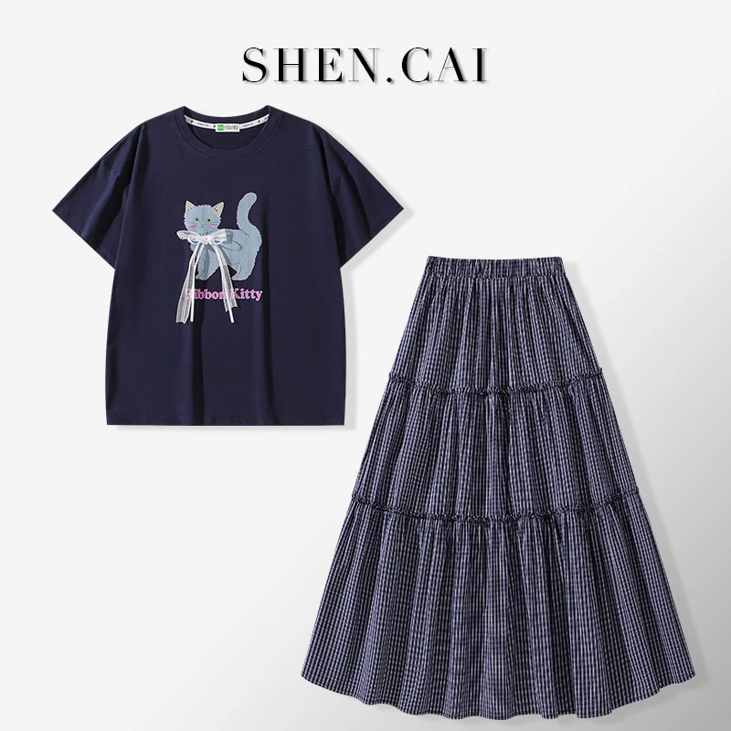 女大童韩系格子裙套装夏季初高中生宽松短袖夏装半身裙洋气两件套