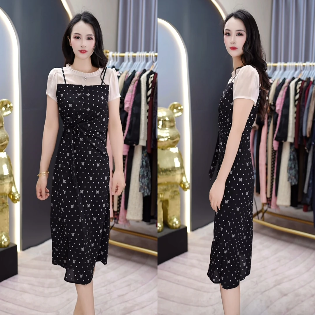 2025夏季时尚百搭假两件短袖波点减龄高级设计感气质连衣裙中长款