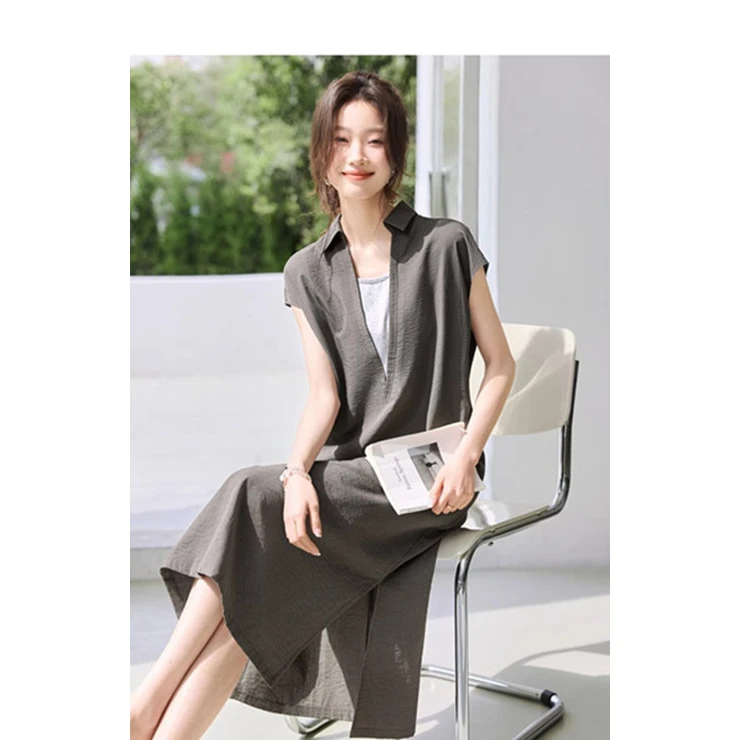 知识分子老钱风裙子2025夏季新款仿麻假两件无袖连衣裙女