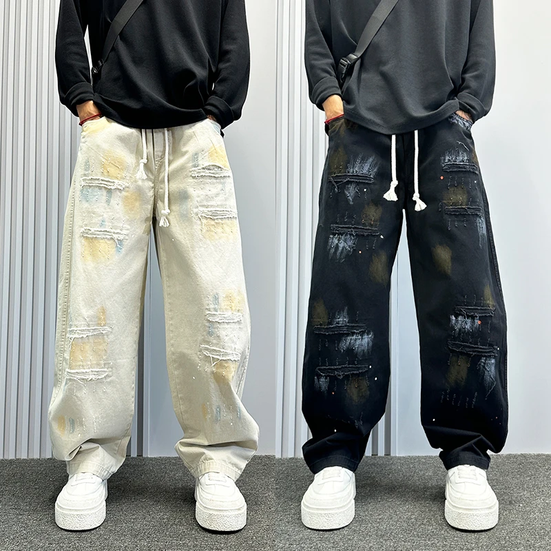 美式高街潮牌弯刀牛仔裤男秋季款扎染做旧宽松阔腿裤痞帅直筒长裤
