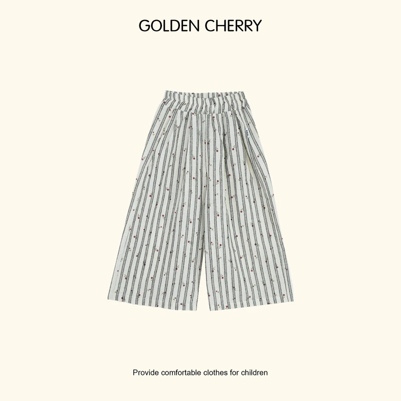 【金樱桃 Golden cherry】小童竖条纹egg小花满印洋气休闲裤QDD529