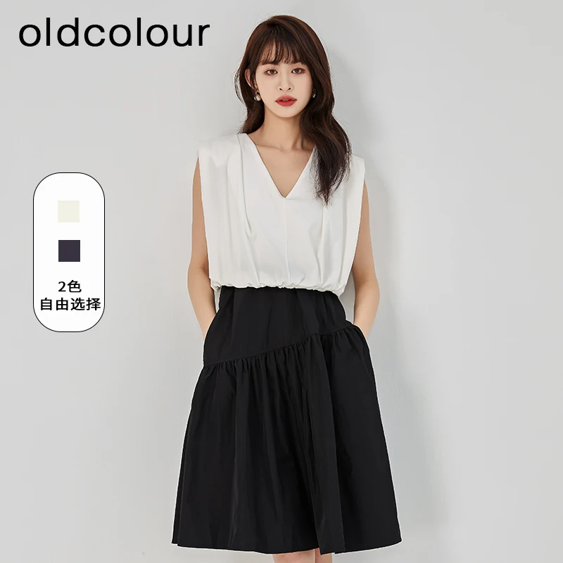 oldcolour商场同款夏季纯色气质高级无袖V领收腰连衣裙O22104445