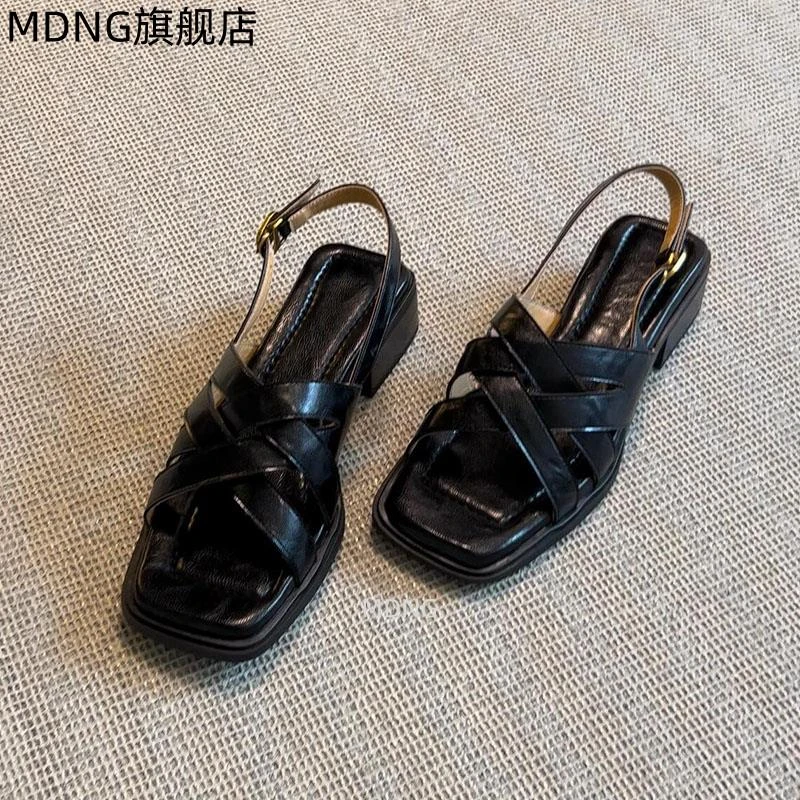 MDNG~法式方头交叉带露趾凉鞋女复古粗跟罗马凉鞋女25夏季外穿